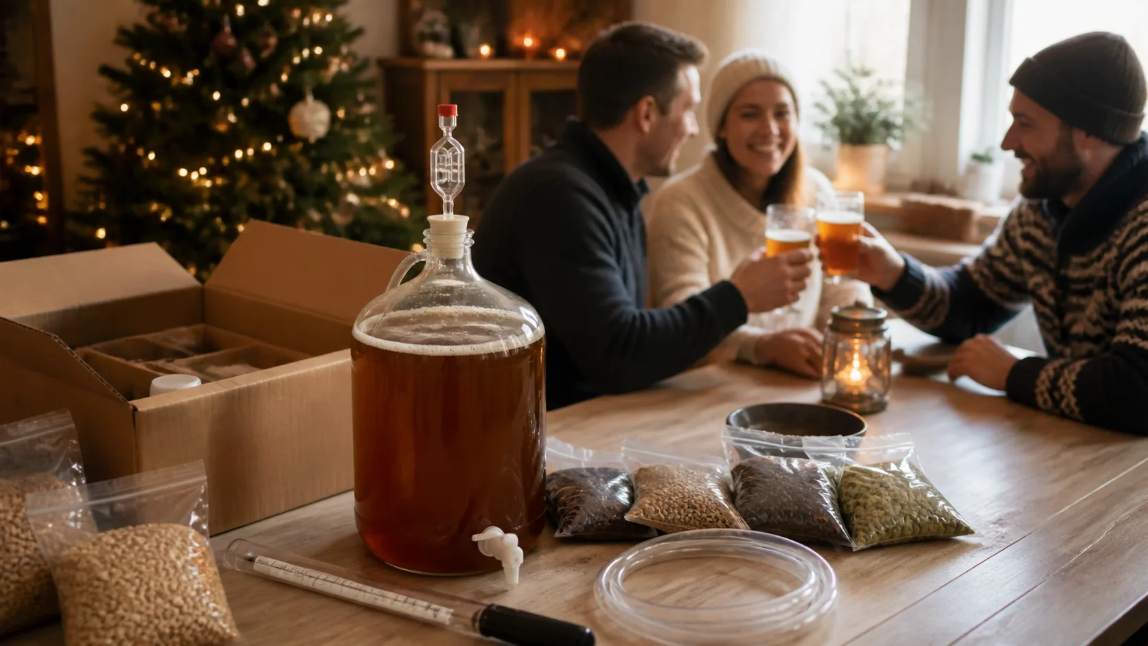 Representative homebrewing kit with a fermenting jug, tubing, and ingredient packs