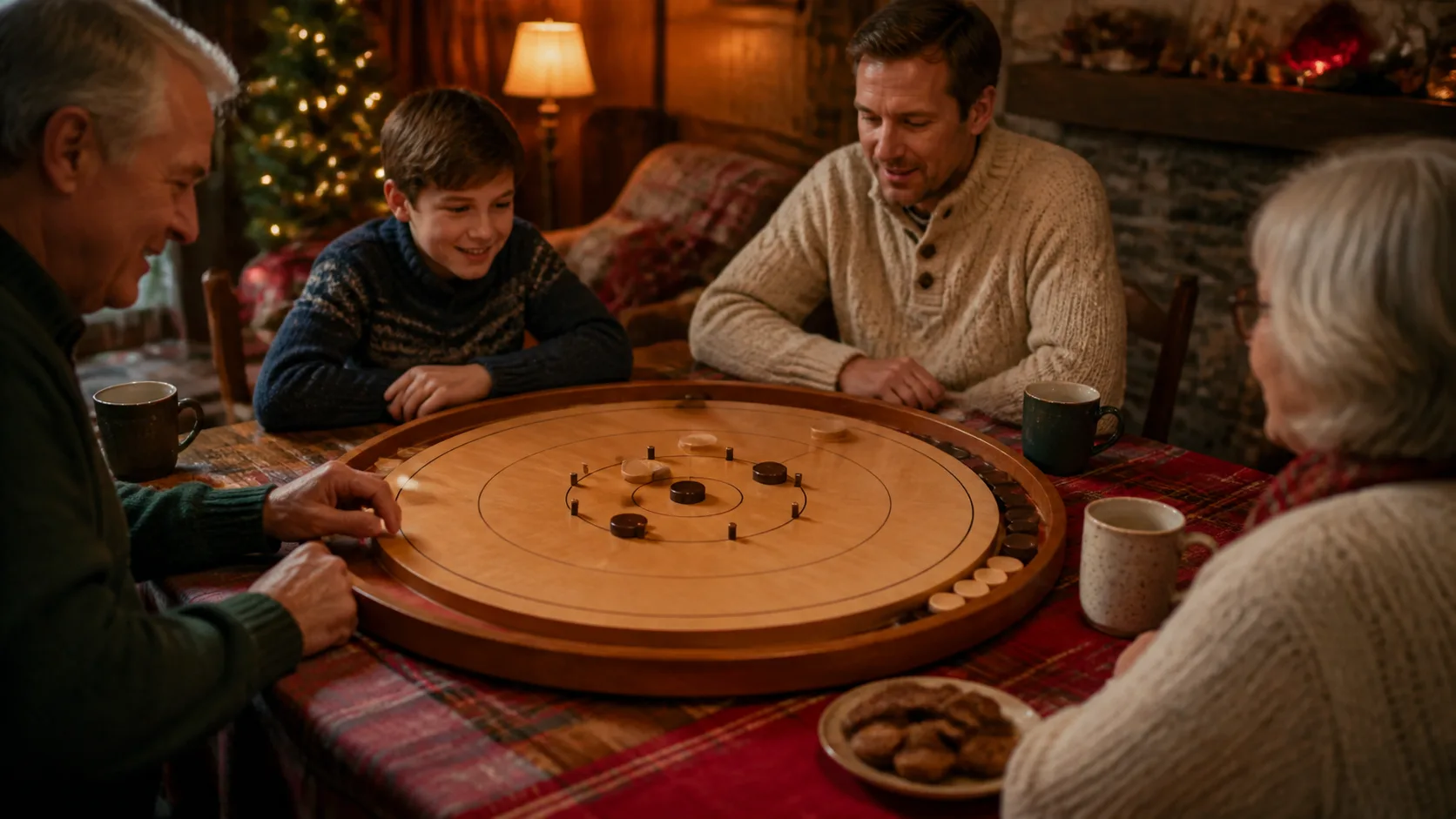 Representative round wooden crokinole board with light and dark discs in play