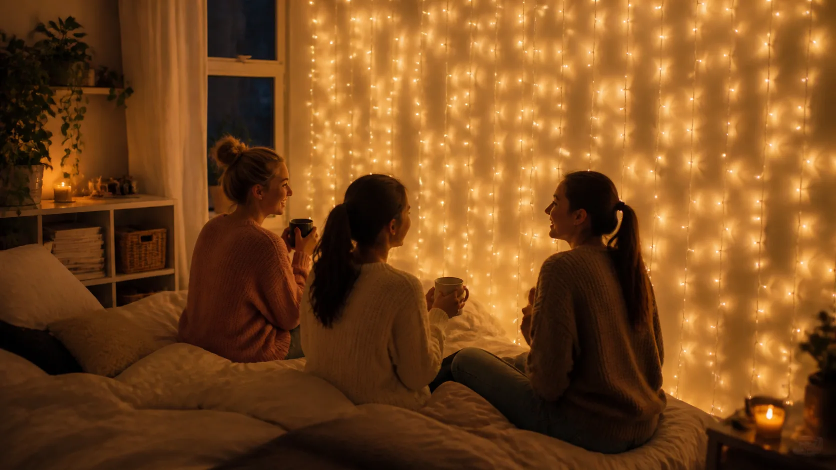 Representative curtain of warm string lights hanging against a bedroom wall