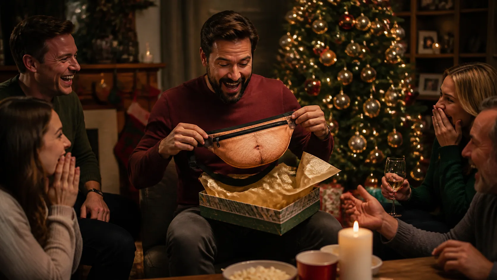 Representative fanny pack printed to look like a hairy belly, worn over a t-shirt