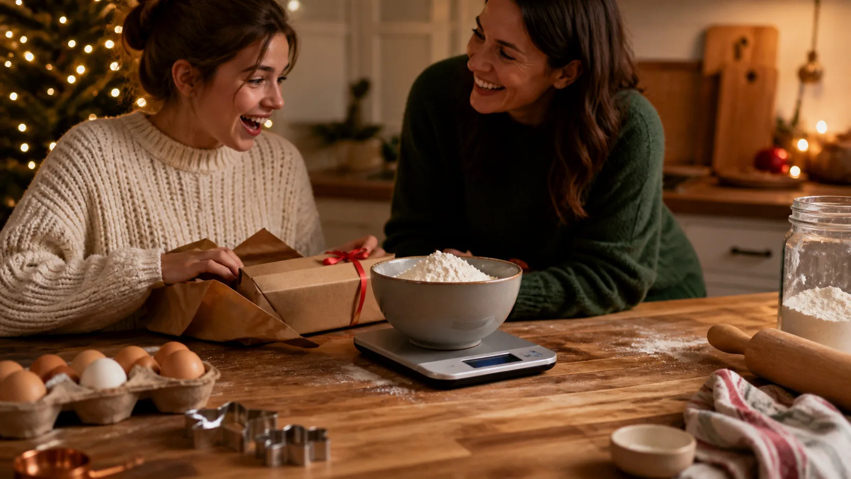 Representative slim digital kitchen scale weighing a bowl of flour on a counter