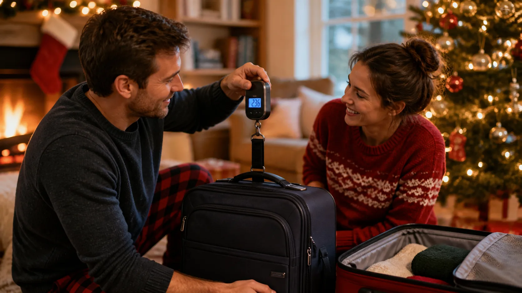 Representative handheld digital luggage scale lifting a packed suitcase by its handle