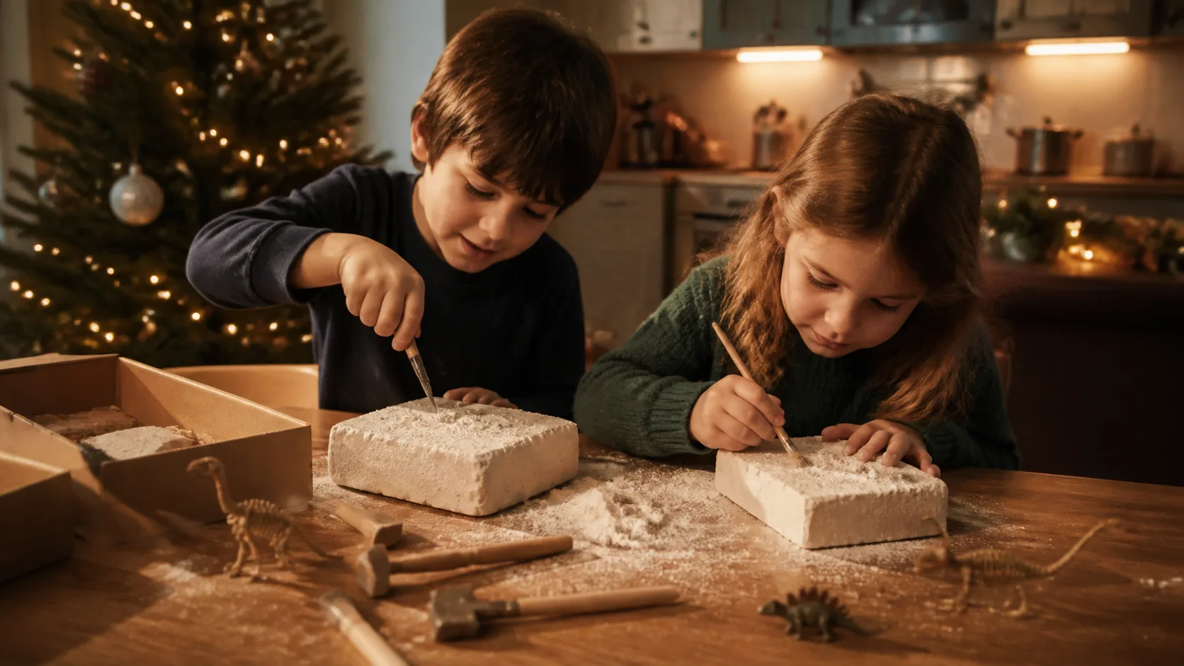 Representative dig blocks, brushes, and small dinosaur figures on a kitchen table