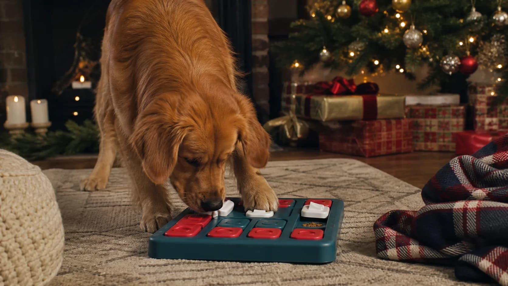 Representative plastic puzzle feeder with sliding compartments for kibble