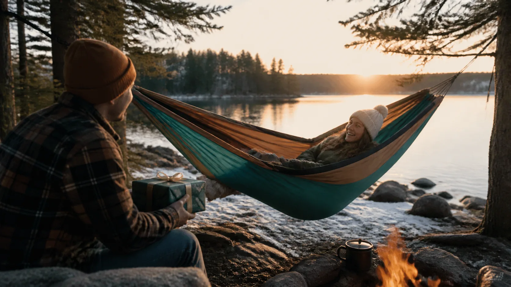 Representative double camping hammock strung between two trees near a lake