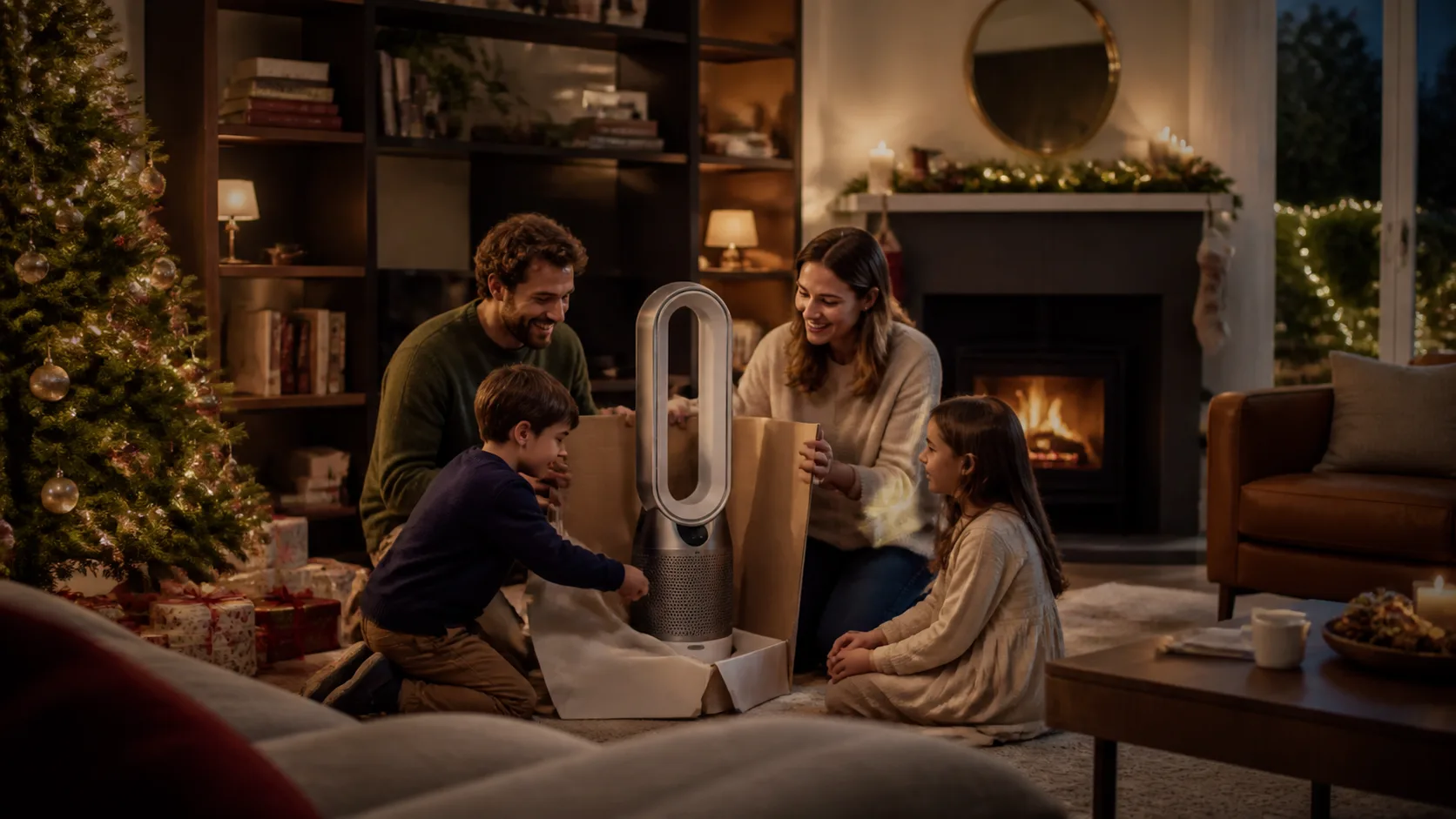 Representative tall bladeless purifying fan standing in a modern living room