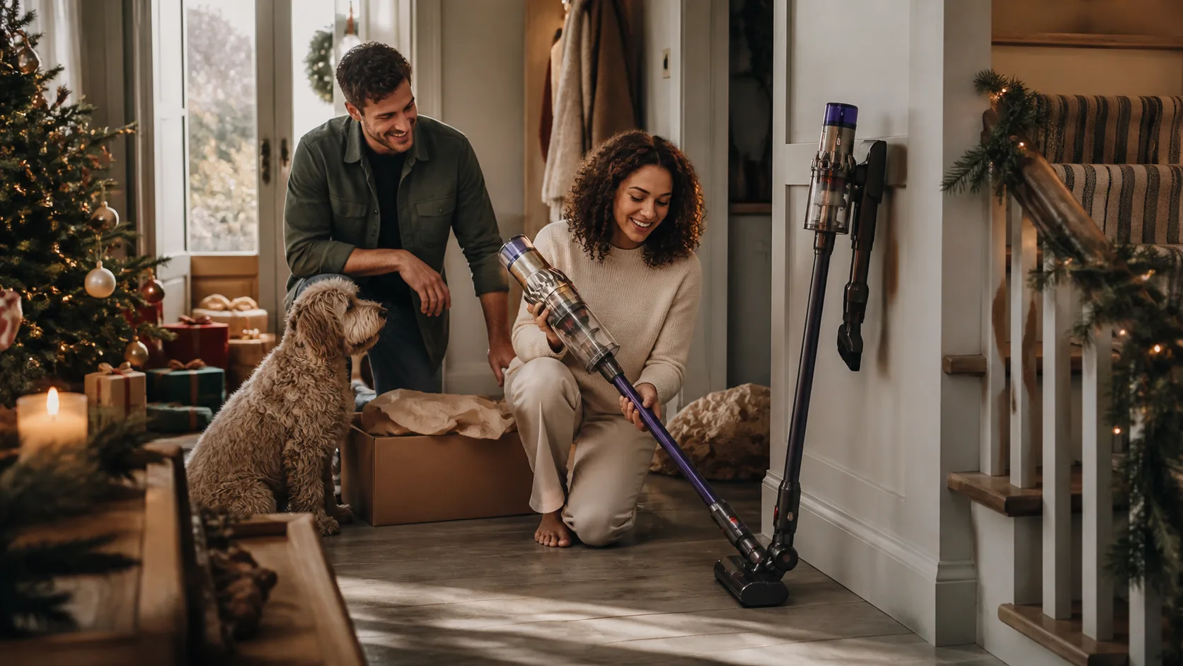 Representative premium cordless stick vacuum leaning against a hallway wall