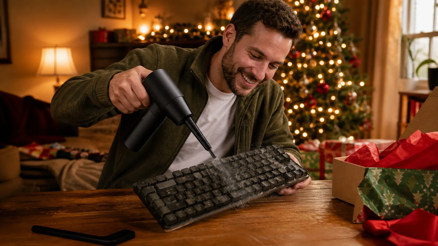 Representative handheld electric air duster blowing dust from a keyboard