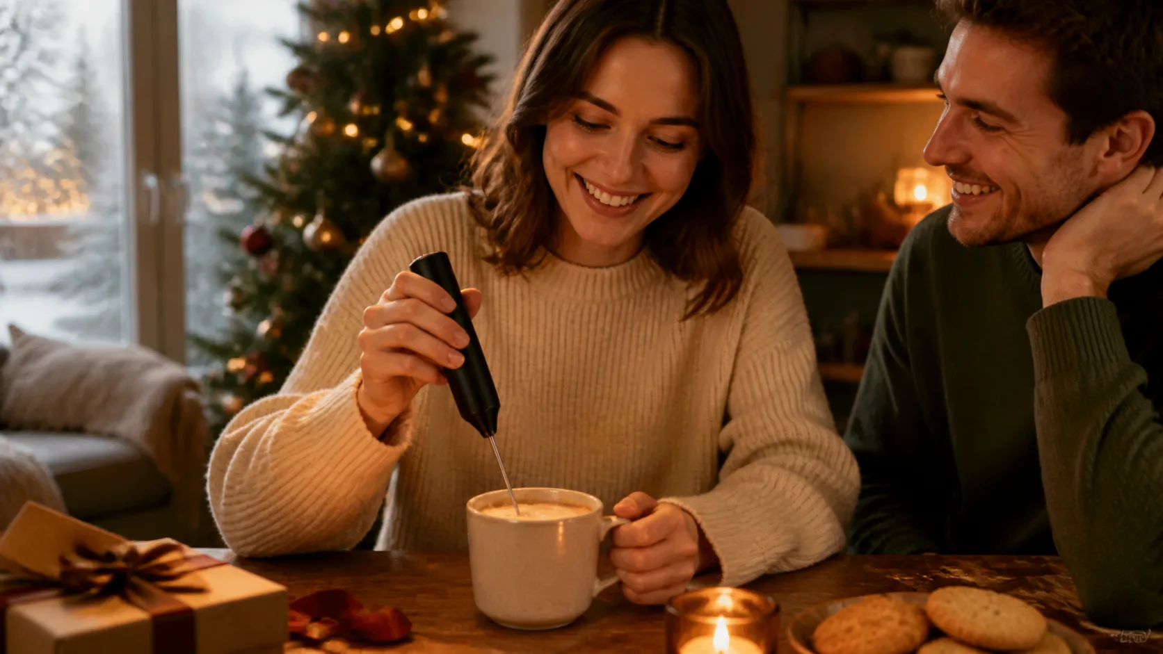 Representative handheld frother wand whipping foam in a coffee mug