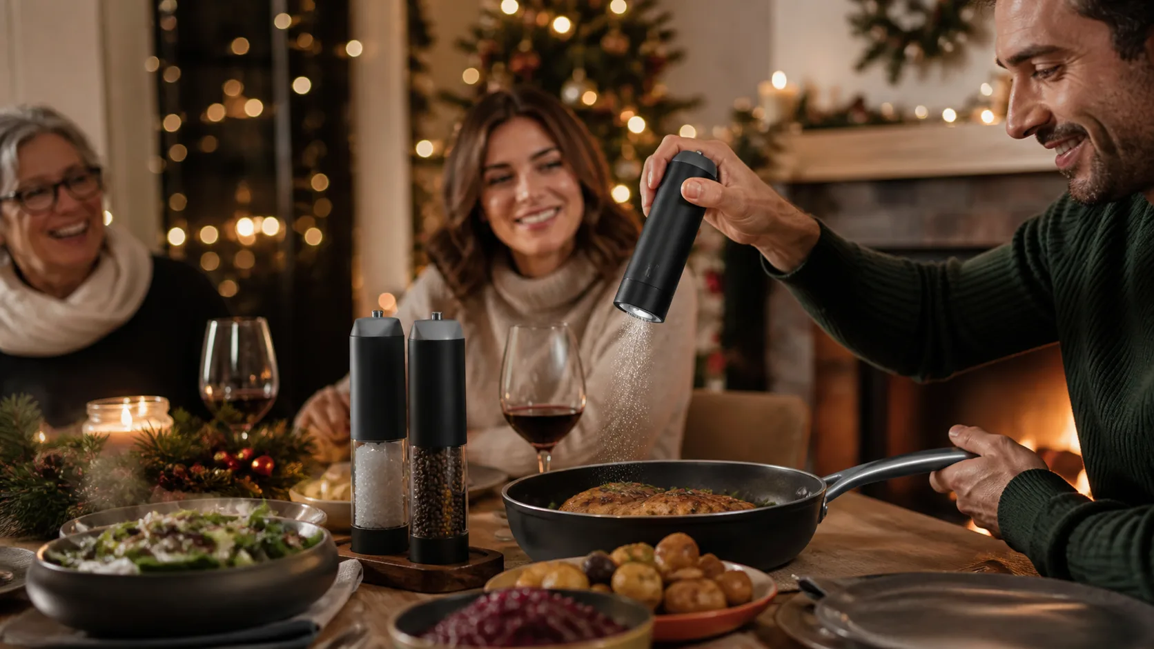 Representative pair of electric salt and pepper grinders standing on a dinner table
