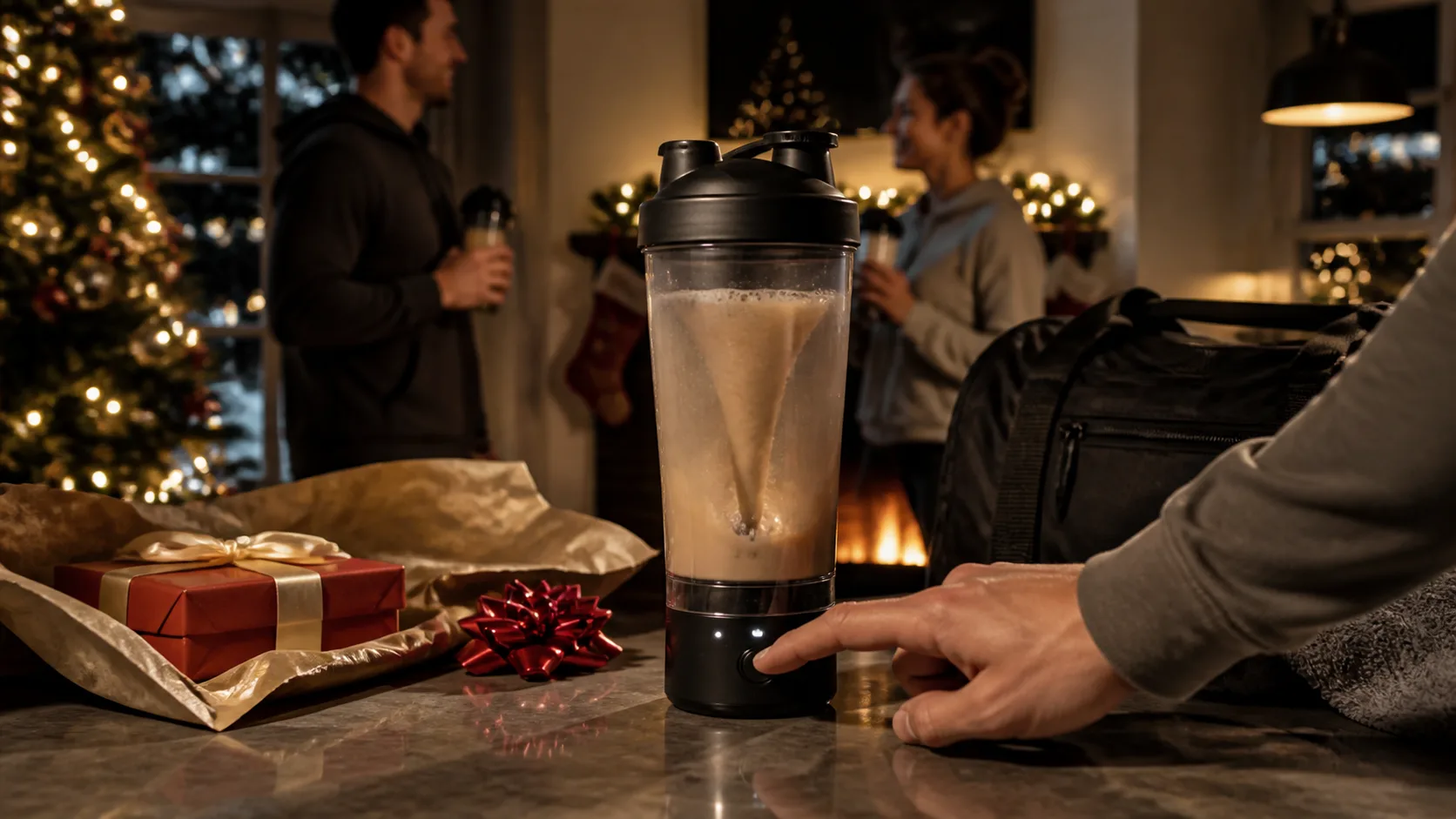 Representative electric shaker bottle mixing a drink on a kitchen counter