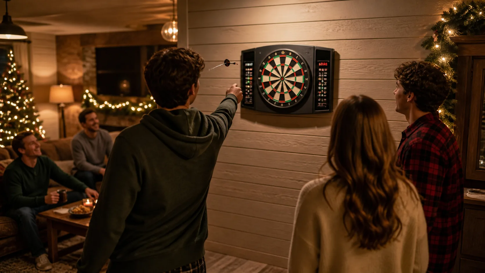 Representative electronic dartboard mounted on a rec room wall with darts