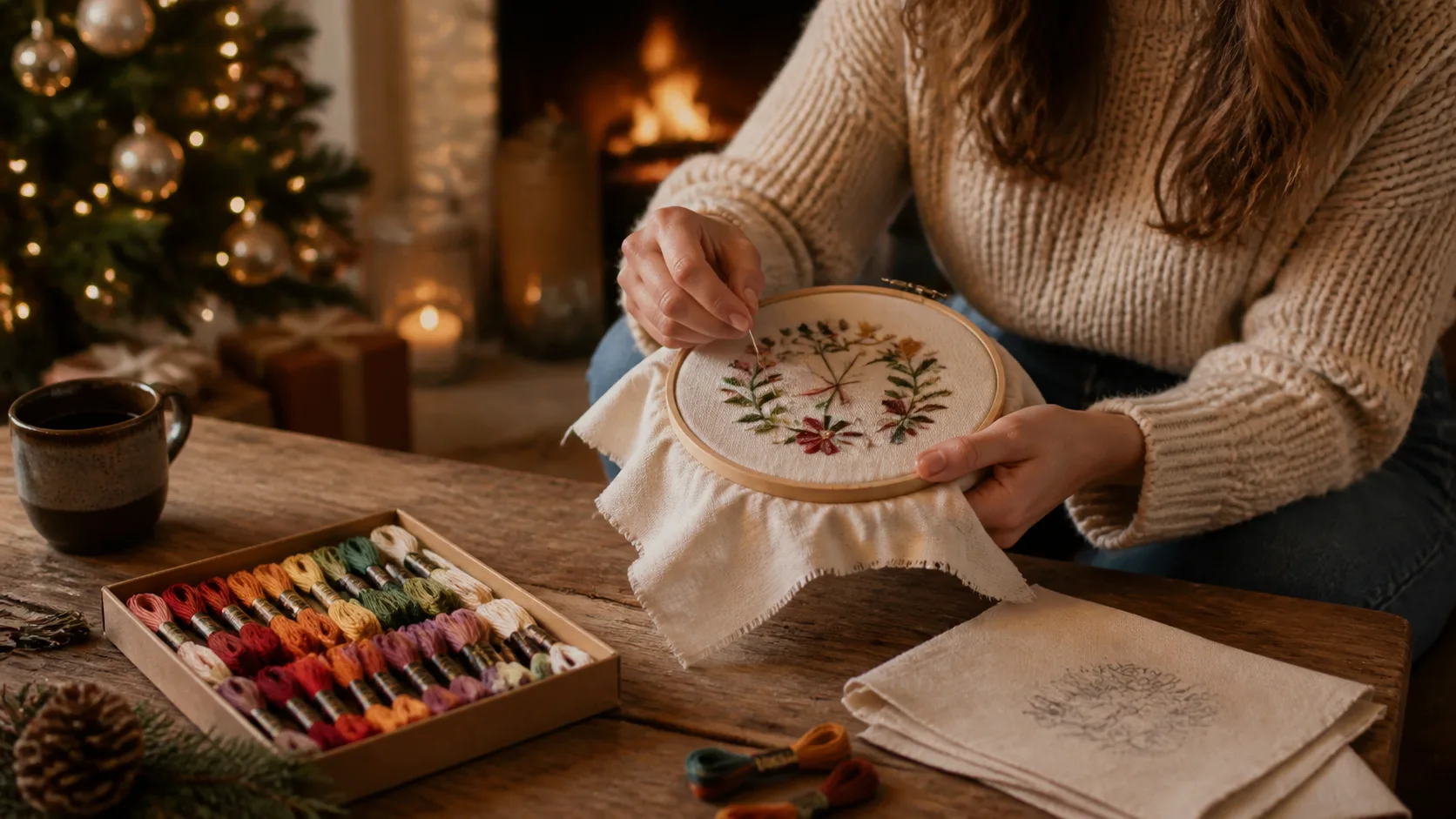 Representative embroidery hoop with a floral pattern in progress and colourful thread skeins