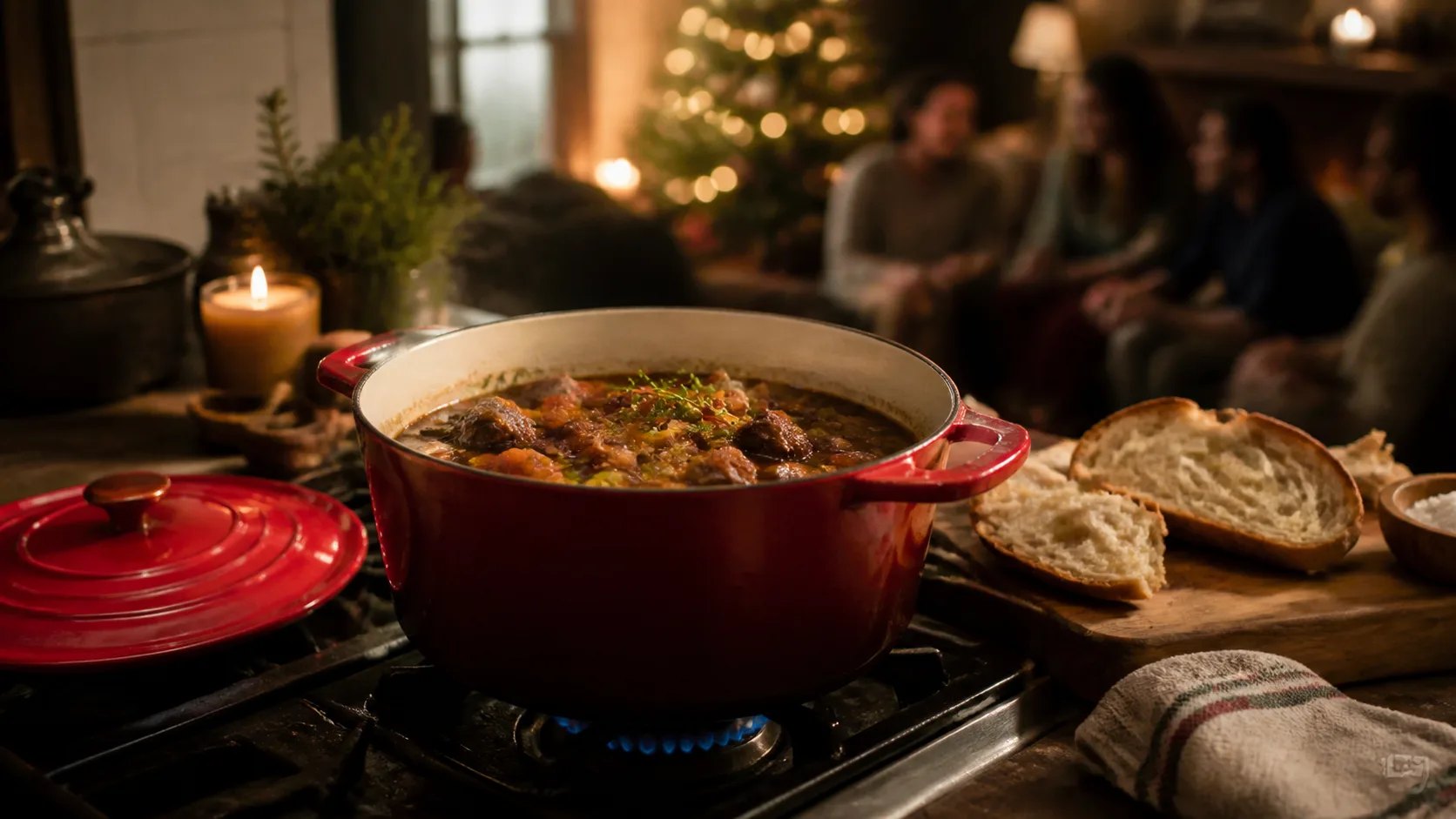 Representative enameled Dutch oven simmering on a stovetop