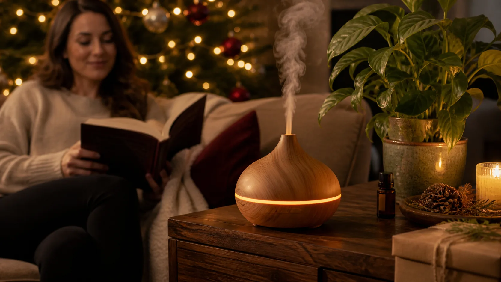 Representative wood-grain diffuser releasing gentle mist on a side table near a plant