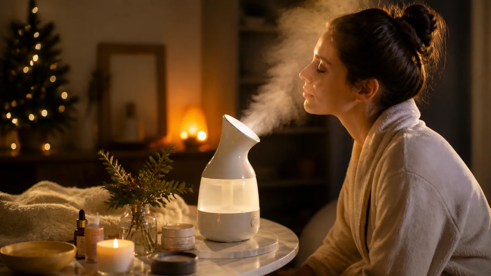 Representative countertop facial steamer releasing a soft plume of mist