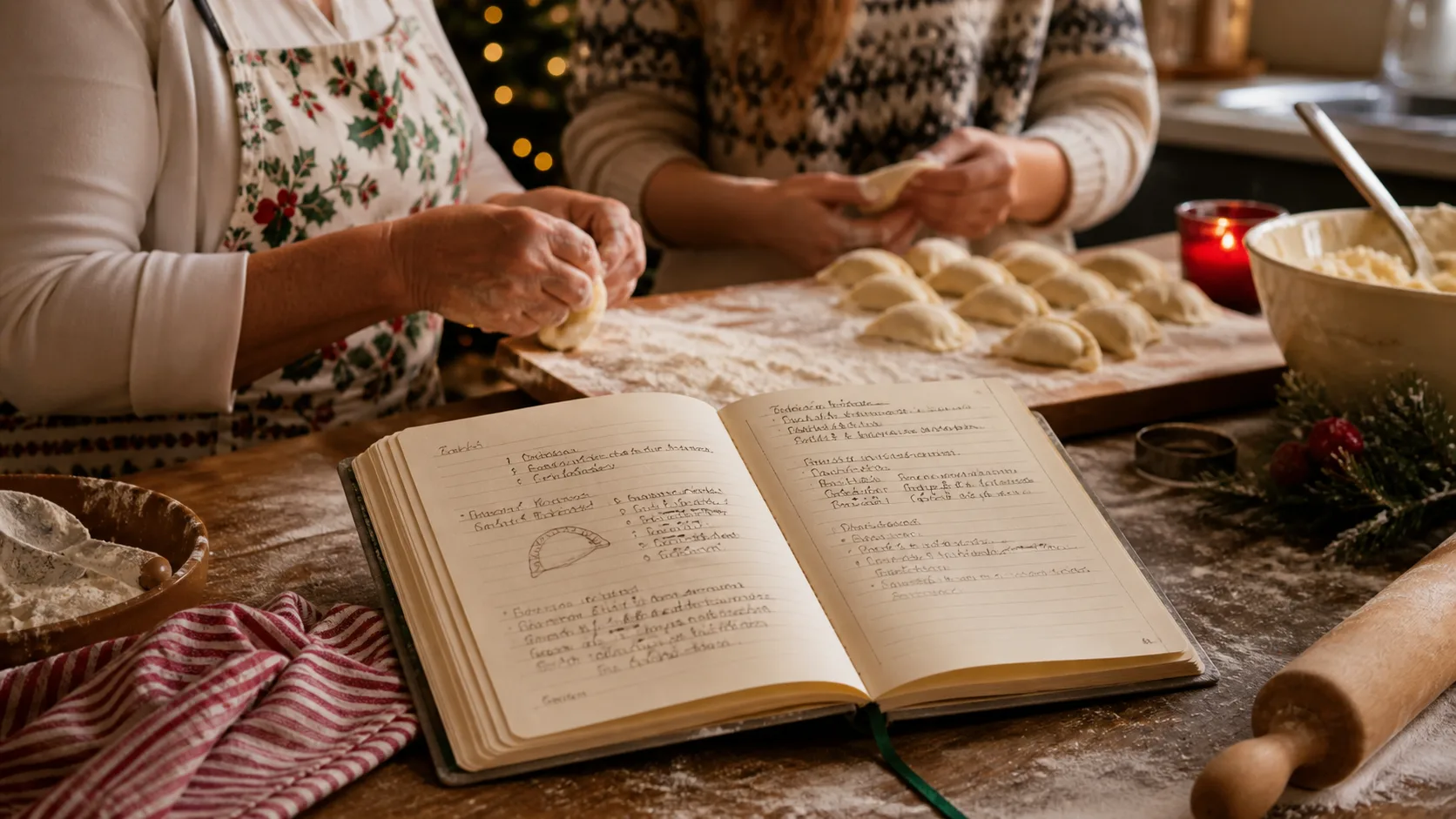 Representative linen-bound recipe journal open on a floury kitchen counter