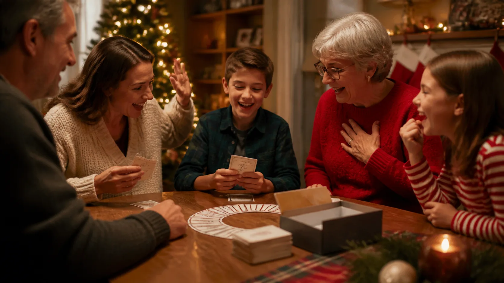 Representative trivia card game box with question cards fanned on a table