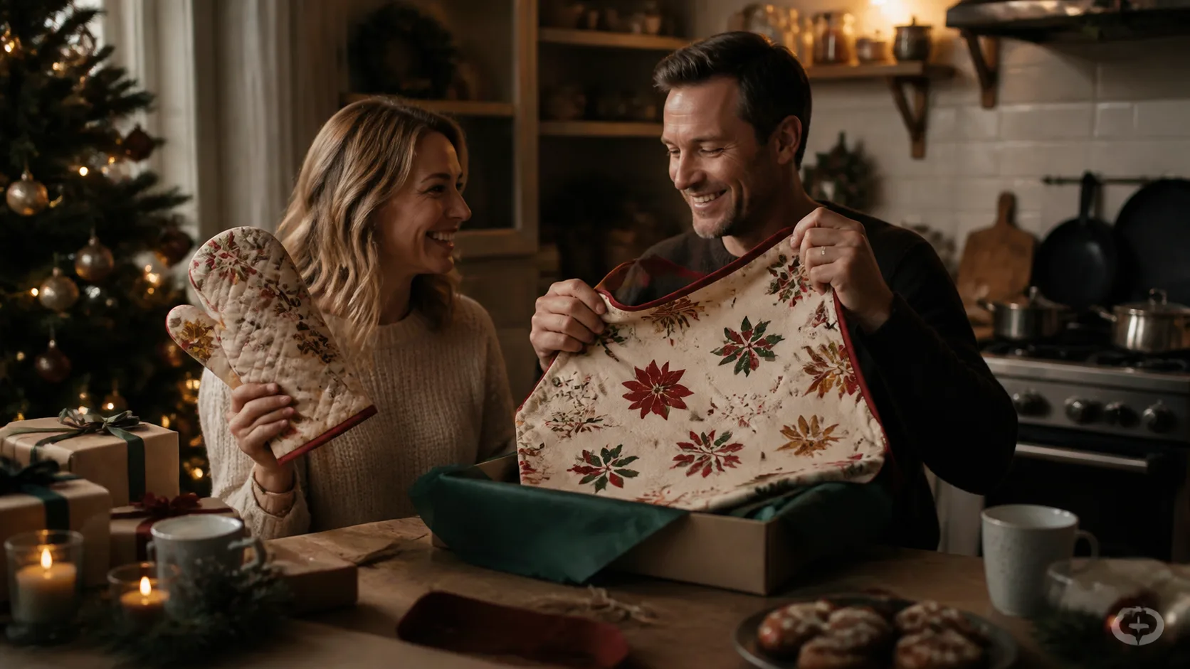 Representative holiday-patterned apron folded beside a matching oven mitt