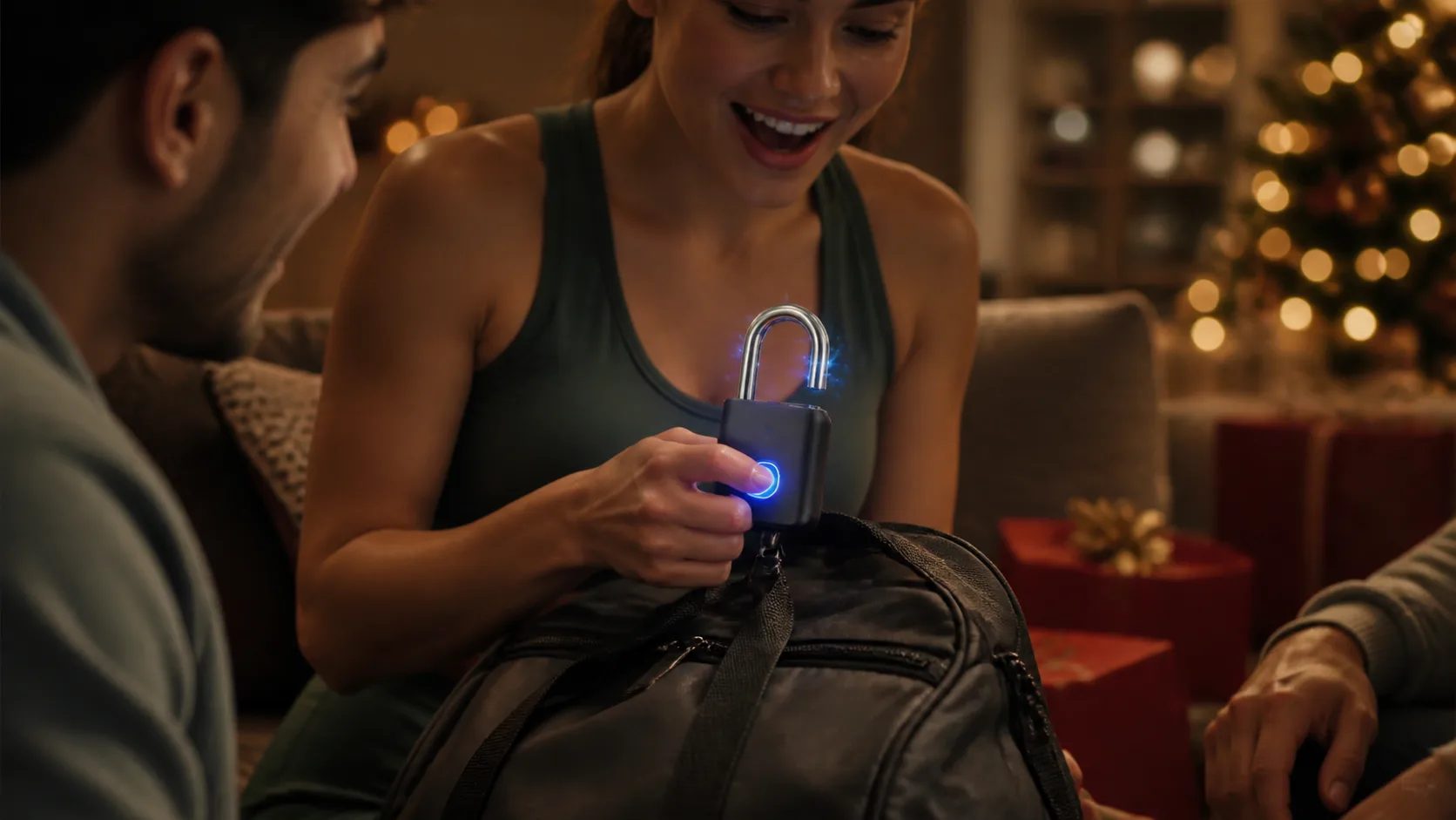Representative fingerprint padlock with a thumb pressed on its sensor