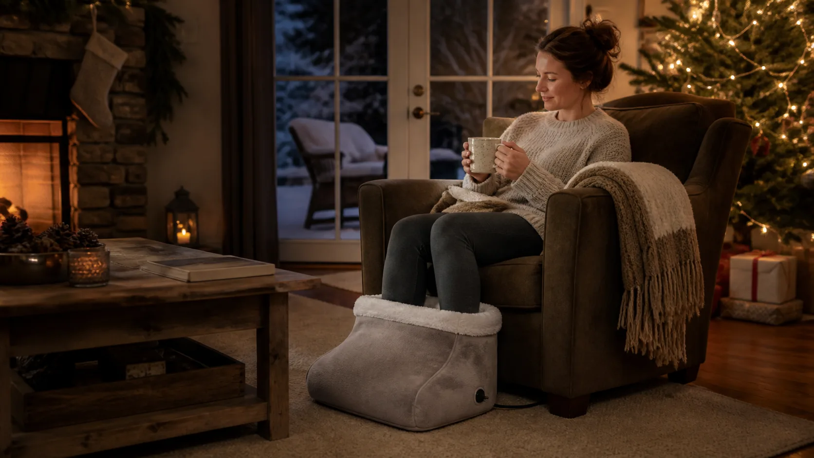 Representative plush heated foot warmer beside a living room armchair