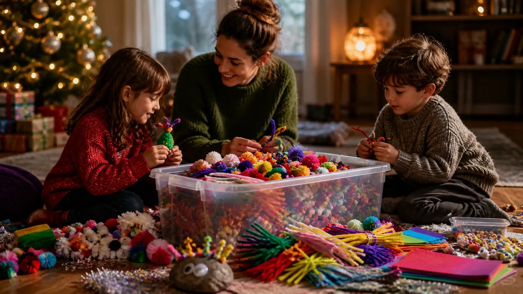 Representative craft supply tub spilling pom-poms, pipe cleaners, and googly eyes