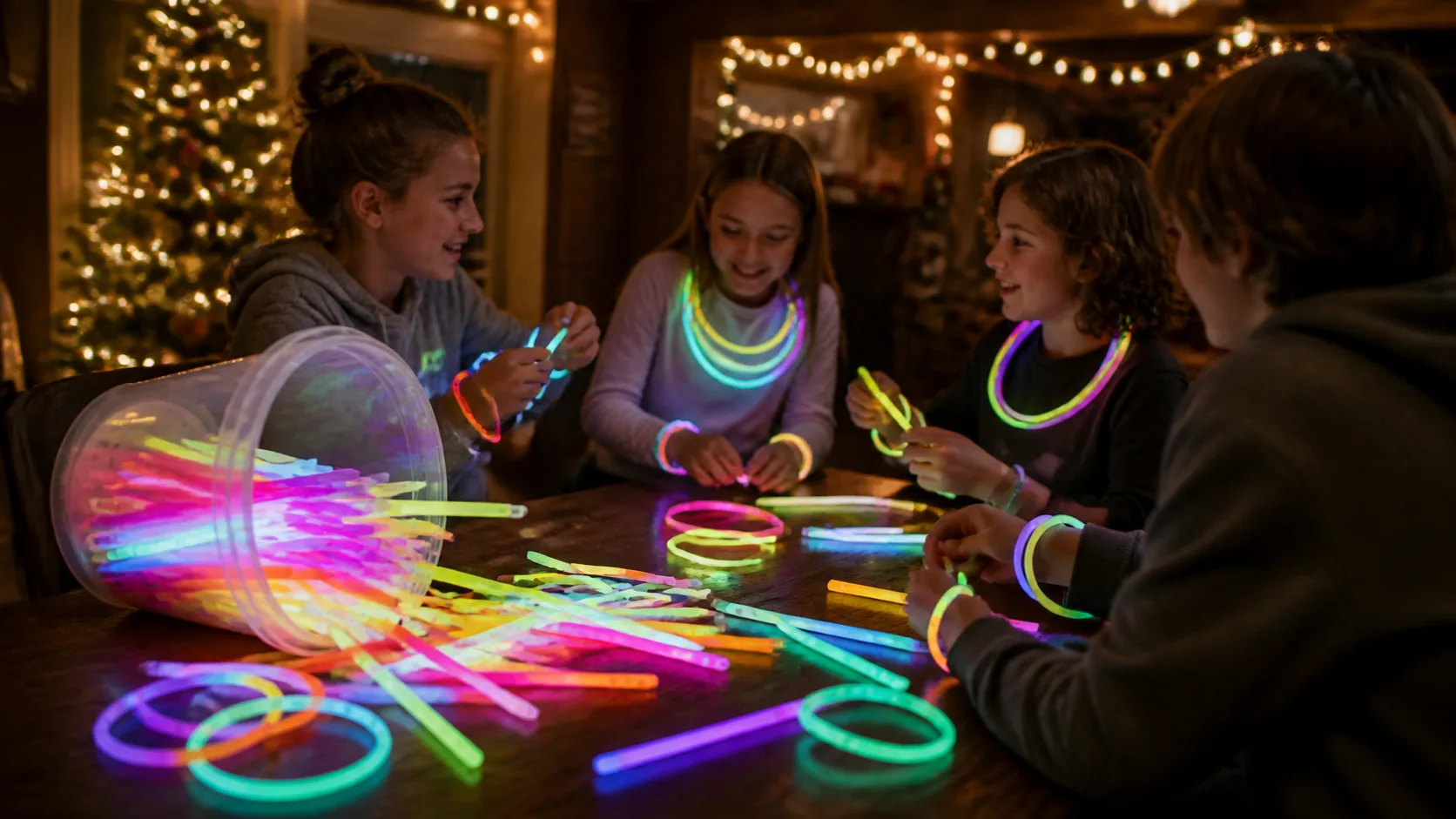 Representative tub of colourful glow sticks spilling onto a dark table