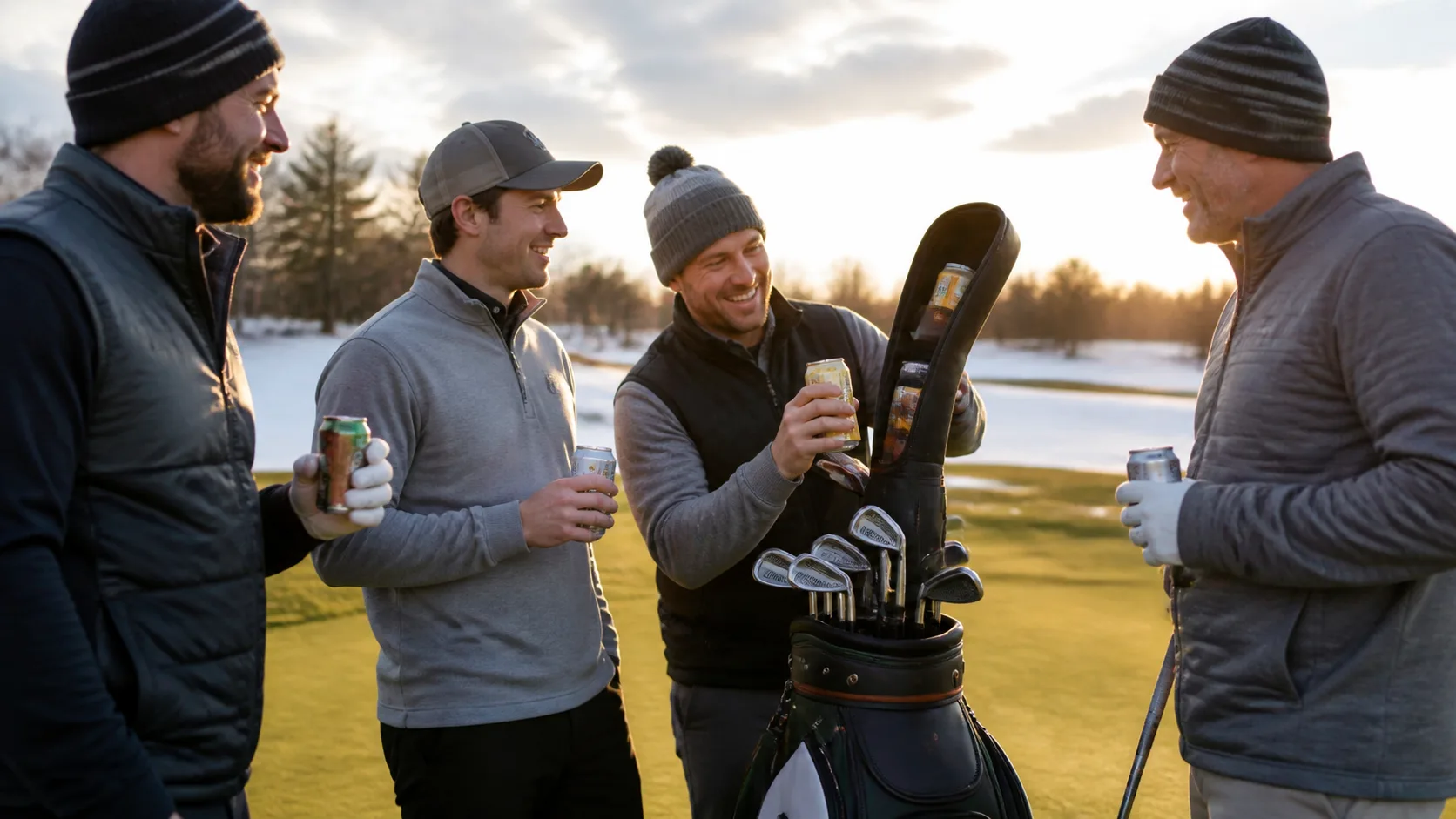 Representative club-shaped beverage caddy standing in a golf bag