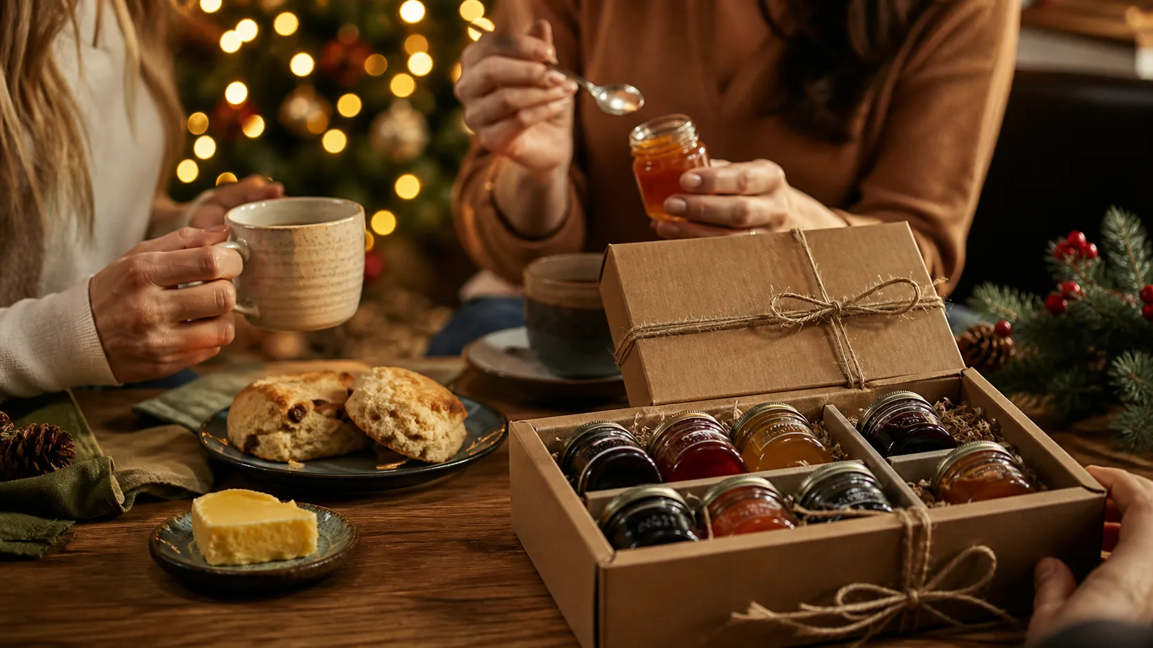 Representative gift box of small jam and honey jars tied with twine