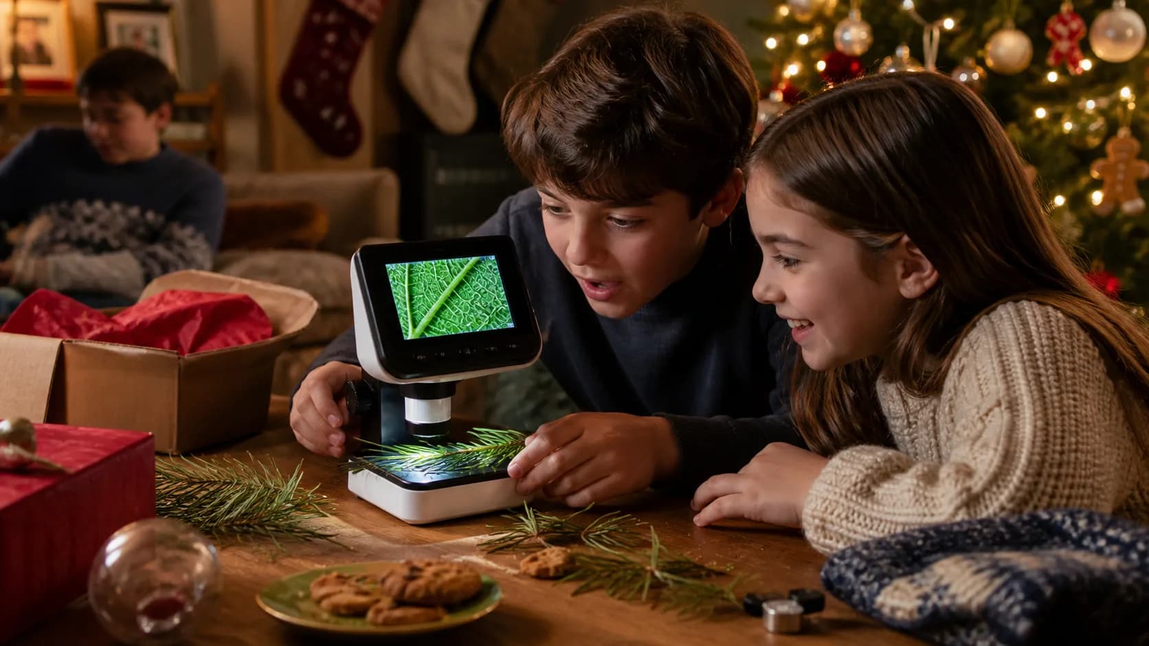 Representative handheld digital microscope showing a magnified leaf on its screen