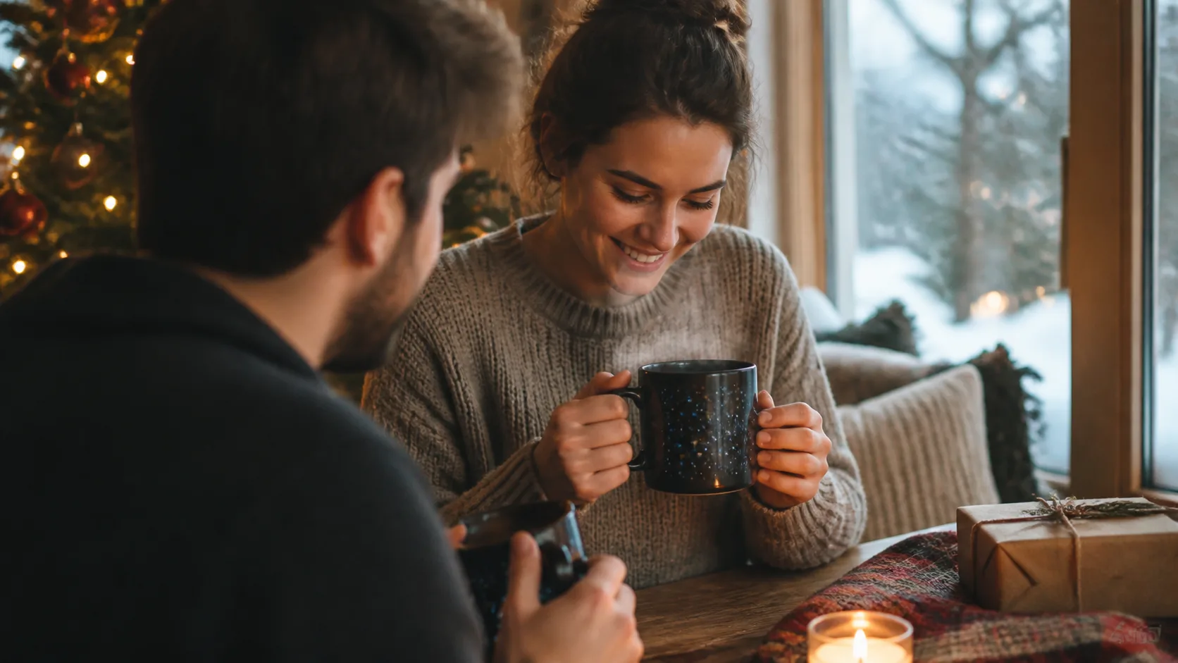 Representative black mug revealing glowing star constellations as steam rises
