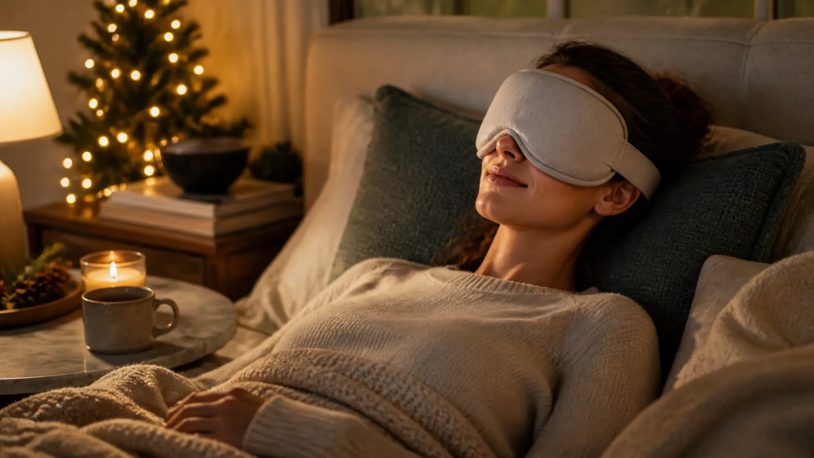 Representative padded eye massager mask resting on a bedside table