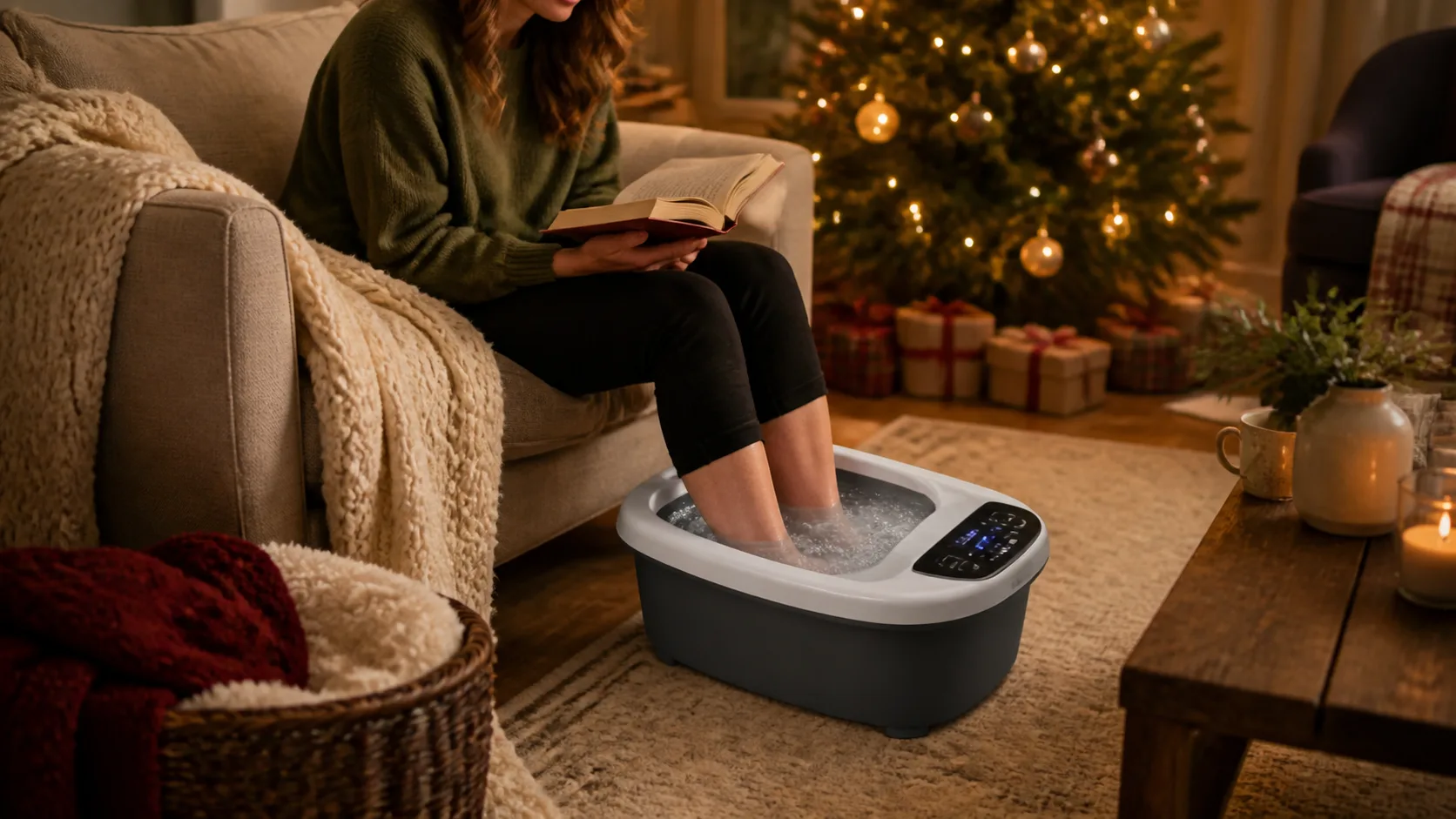 Representative heated foot spa basin with bubbling water in front of a couch