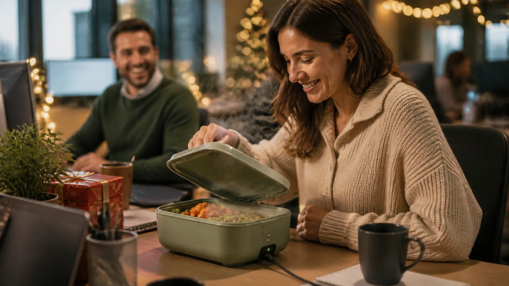 Representative electric heated lunch box open on a desk with steam rising
