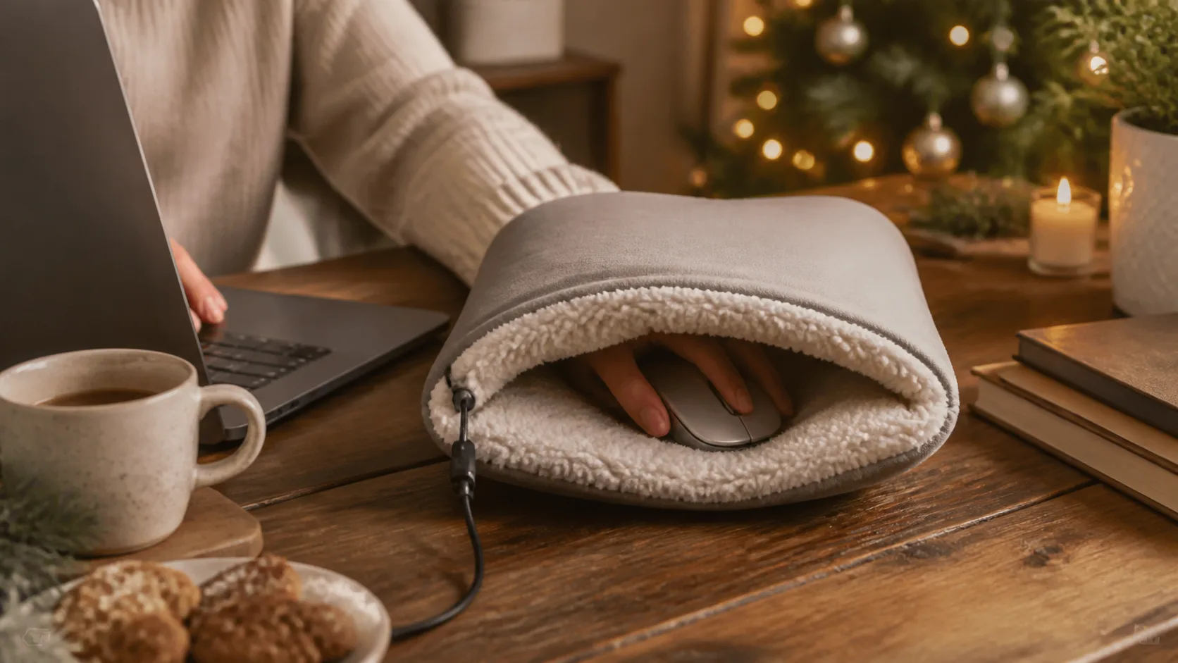 Representative heated mouse pad pouch with a hand and mouse tucked inside