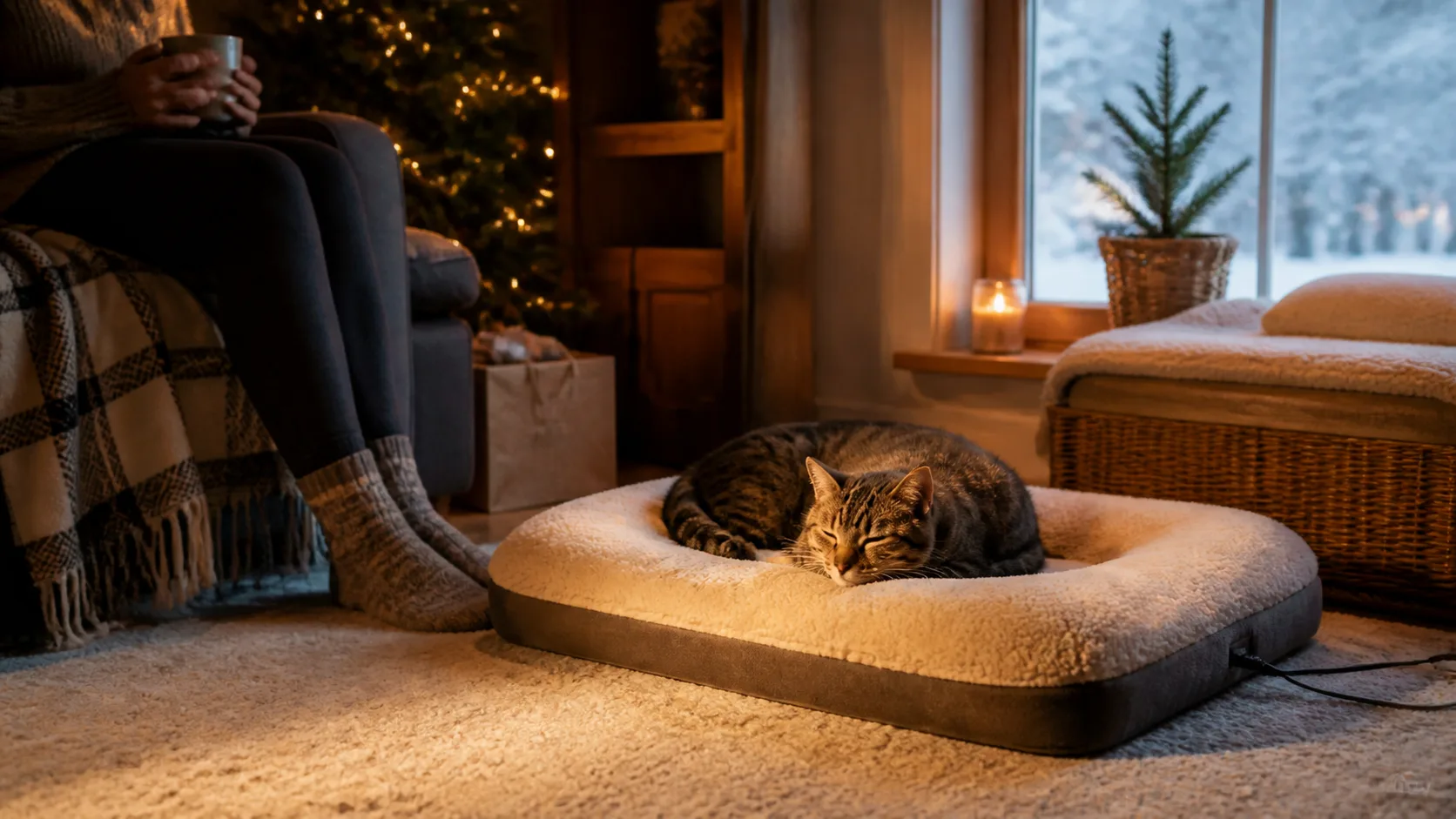 Representative low warming pet bed with a cat settled on top