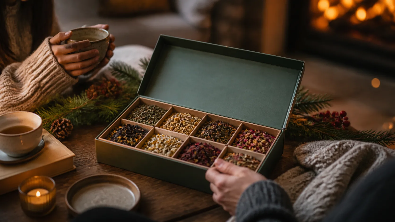 Representative herbal tea sampler gift box with assorted labelled tea compartments