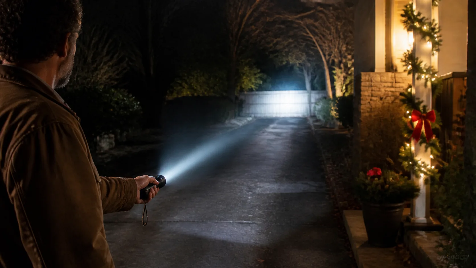 Representative black metal flashlight casting a bright beam across a dark driveway