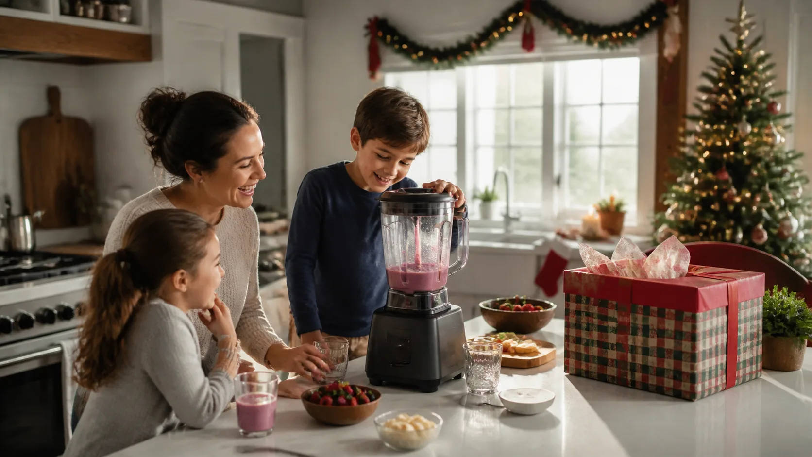 Representative high-speed blender with a smoothie on a kitchen counter