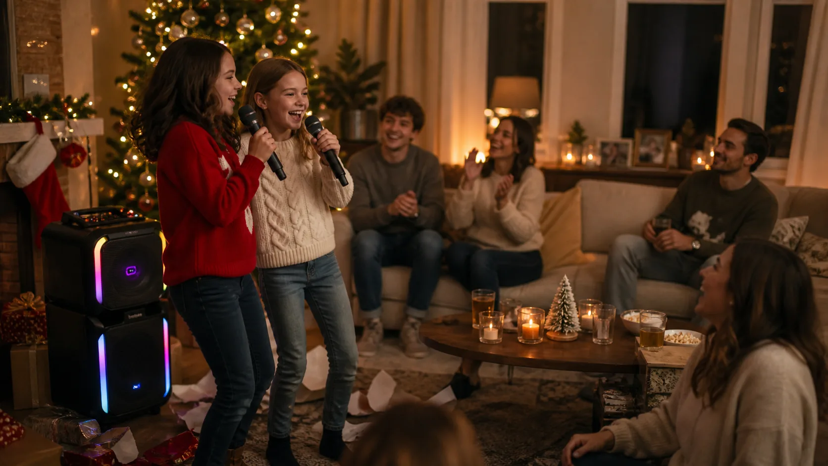 Representative karaoke machine with two microphones and glowing lights