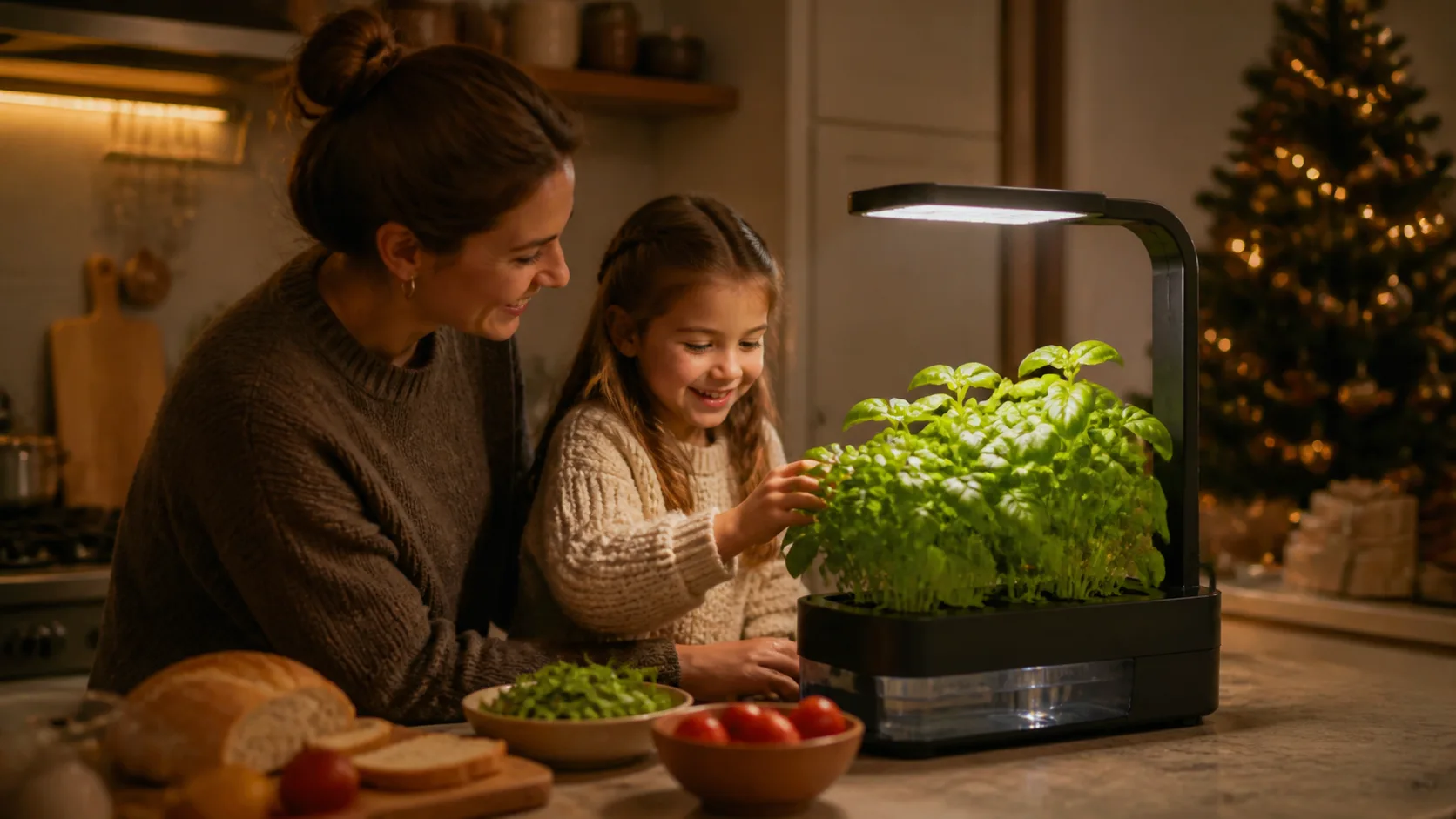 Representative countertop hydroponic garden with young herbs under a glowing light