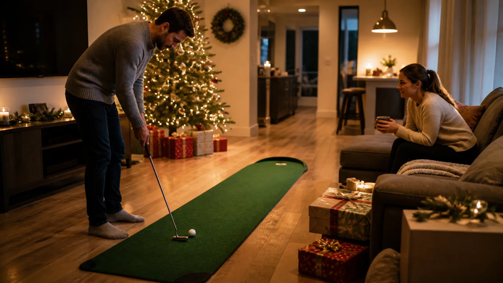 Representative roll-out putting mat with a golf ball and putter in a living room