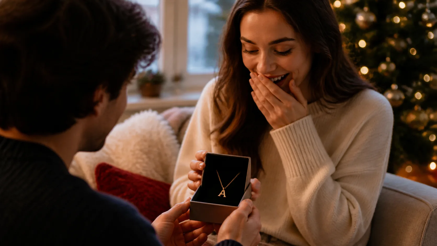 Representative delicate gold necklace with a single letter pendant in a gift box