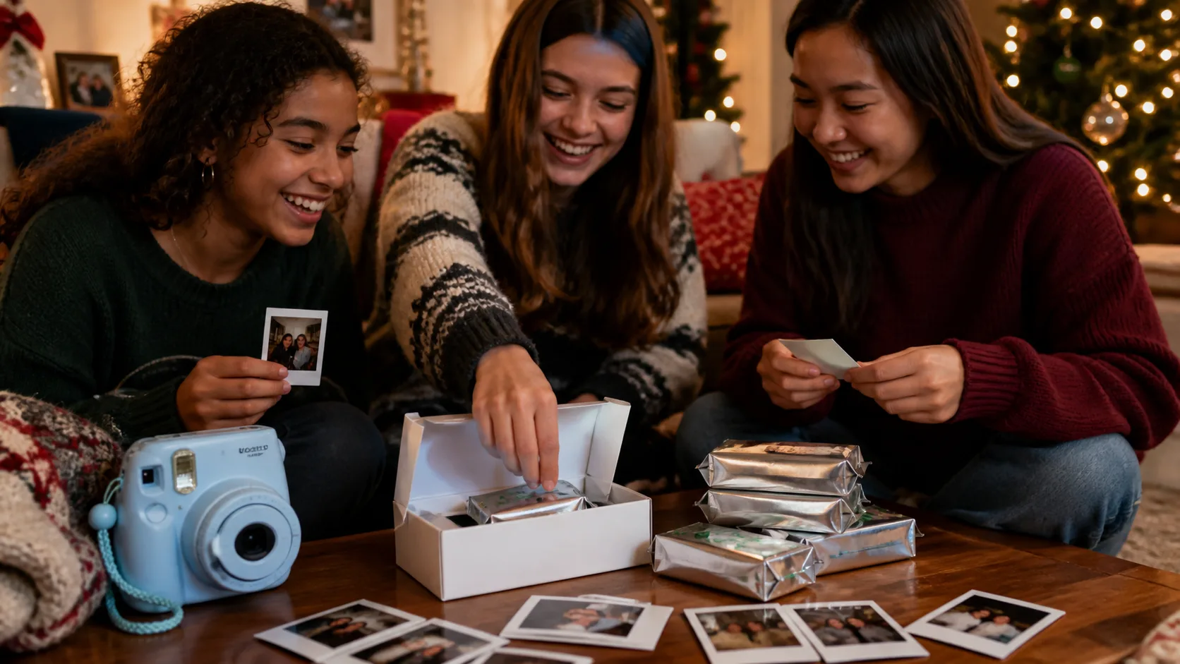 Representative instant film packs beside a pastel instant camera and printed photos