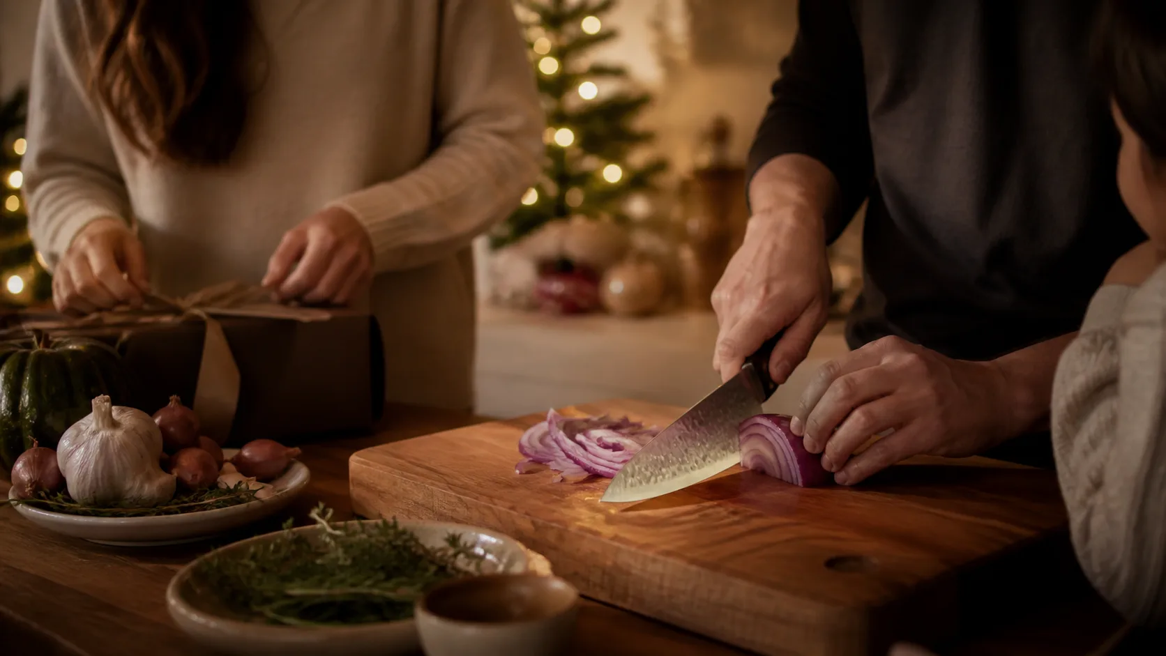 Representative Japanese chef knife resting on a wooden cutting board