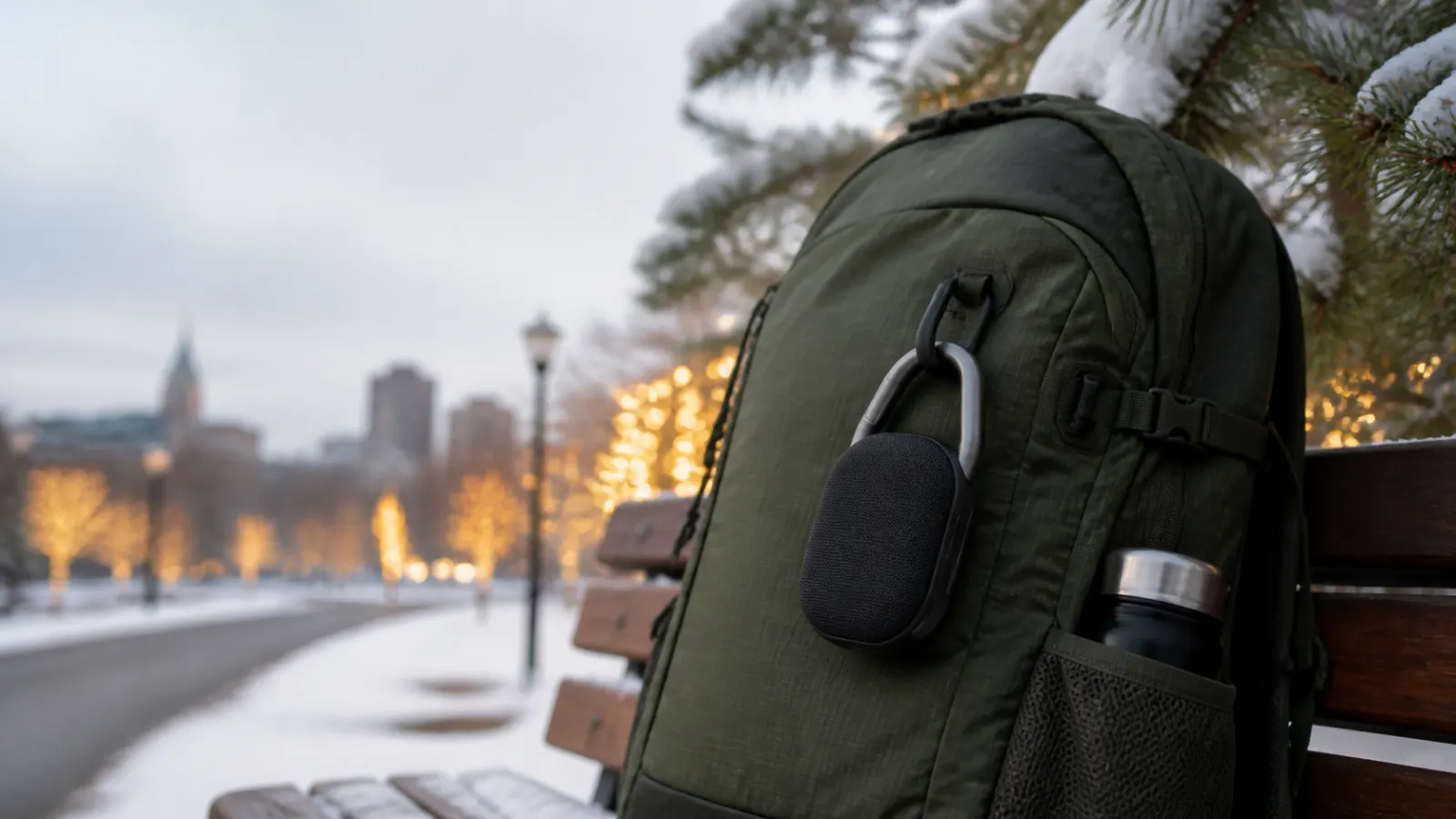 Representative compact waterproof speaker clipped securely to the outside of a daypack in a snowy park