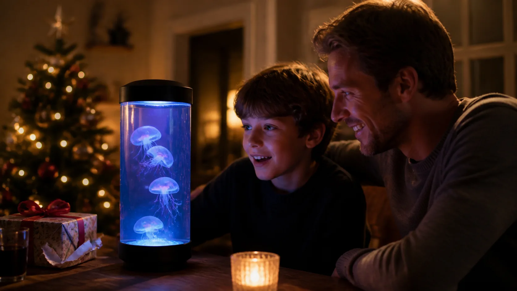 Representative desktop tank lamp with faux jellyfish drifting in colour-changing light