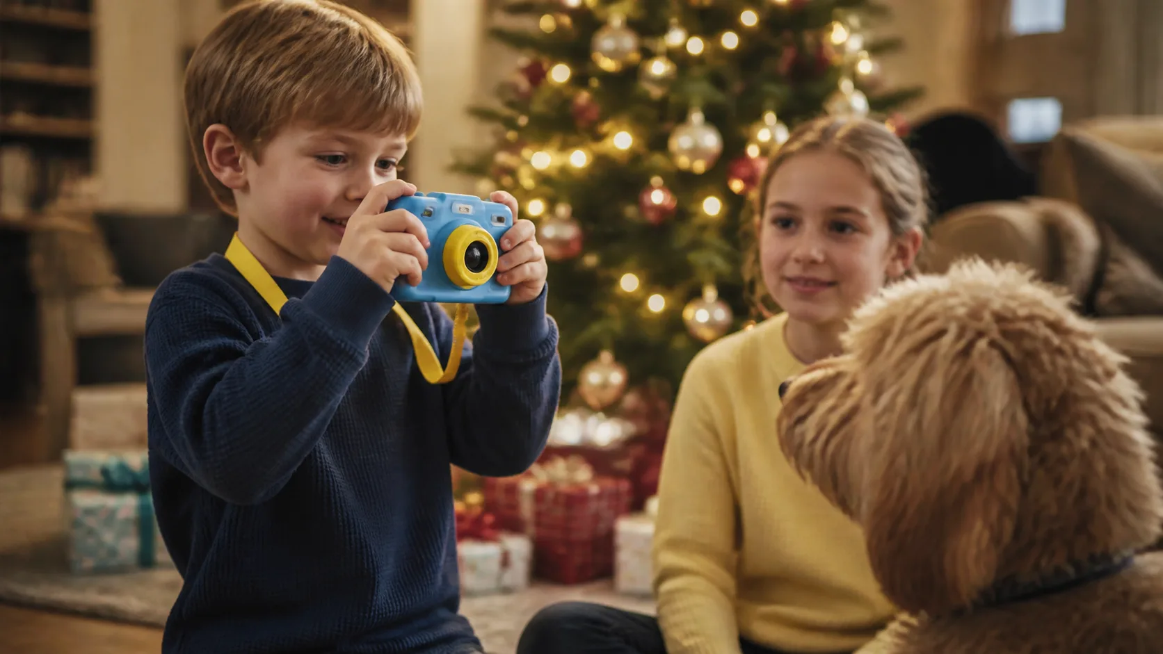 Representative chunky colourful kids camera hanging from a neck strap