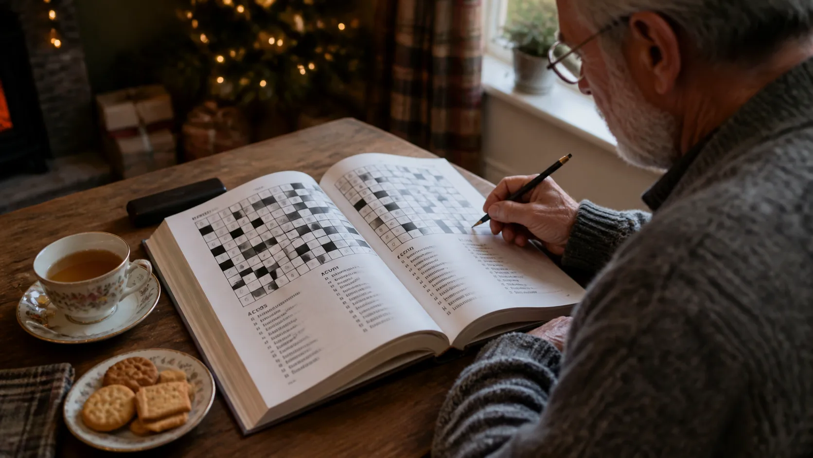 Representative large-print crossword book open beside a teacup and pencil