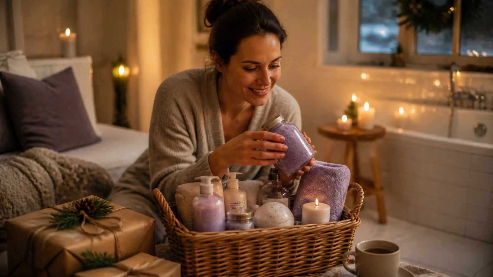 Representative wicker basket filled with lavender-toned bath products and a rolled towel